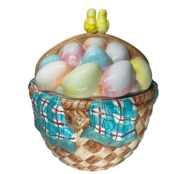 Gibson Cookie Jar Basket of Colored Eggs Ceramic Easter Spring Chicks Vintage